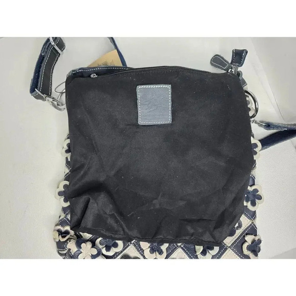 H2Z Leather 3D Floral Navy/Lt. Gray Crossbody Purse Boho Hippie Retro UPCYCLED - Picture 8 of 10